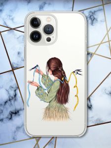 Прозорий чохол із захистом камери на iPhone 14 Pro патріотичний дизайн Дівчина з ластівками принт 16