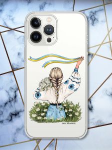 Прозорий чохол із захистом камери на iPhone 14 Pro патріотичний дизайн Дівчина зі стрічкою принт 17