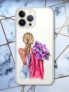 Прозорий чохол із захистом камери на iPhone 14 Pro дизайн Дівчина з бузком принт 7