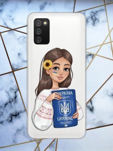 Прозорий чохол на Samsung Galaxy A03s патріотичний дизайн Дівчина з паспортом принт 12