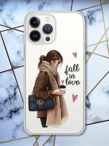 Прозорий чохол із захистом камери на iPhone 14 Pro Дівчина з кавою принт 112