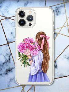 Чохол із захистом камери на iPhone 14 Pro Max Дівчина з півоніями принт 11