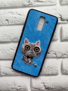 Силіконовий чохол, прикрашений малюнком на тканині, для Samsung Galaxy J8 (2018) Кіт на голубому