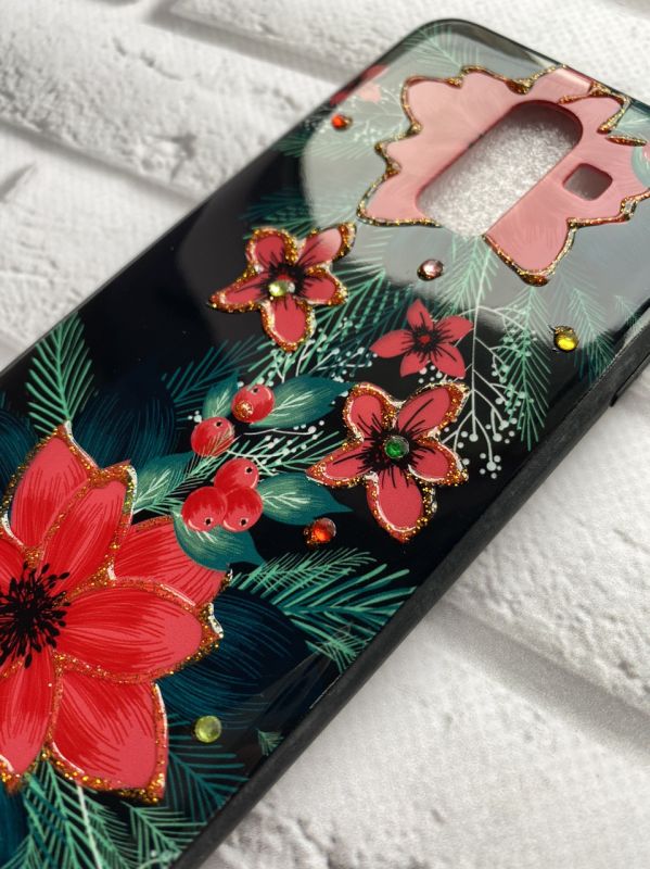 Чохол із блискітками для Samsung Galaxy J8 (2018) Квіти червоні
