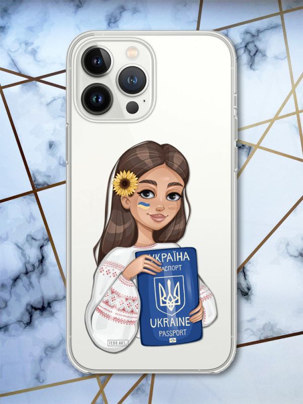 Чохол із захистом камери для iPhone 14 Pro Max патріотичний дизайн Українка з паспортом принт 12