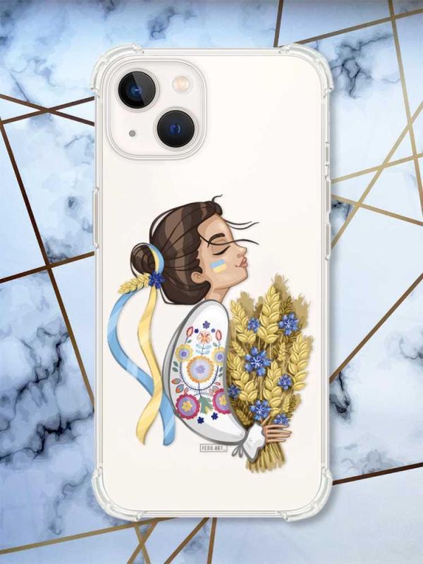 Прозорий чохол із потовщеними кутами на iPhone 14 Plus патріотичний дизайн Українка з колосками принт 172
