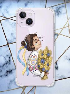 Прозорий чохол із потовщеними кутами на iPhone 14 патріотичний дизайн Українка з колосками принт 172