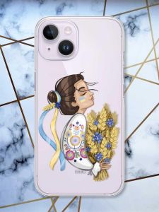 Прозорий чохол із захистом камери на iPhone 14 патріотичний дизайн Українка з колосками принт 172