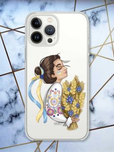 Прозорий чохол із захистом камери на iPhone 14 Pro патріотичний дизайн Українка з колосками принт 172