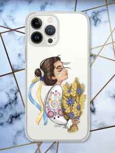 Прозорий чохол із захистом камери на iPhone 14 Pro Max патріотичний дизайн Українка з колосками принт 172