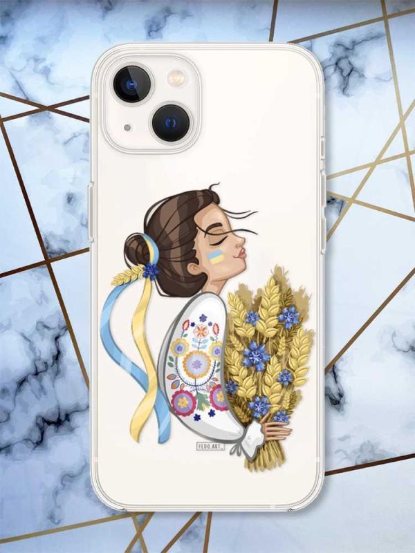 Прозорий чохол із захистом камери на iPhone 14 Plus патріотичний дизайн Українка з колосками принт 172