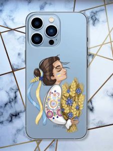 Прозорий чохол на Apple iPhone 13 Pro Max патріотичний дизайн Українка з колосками принт 172