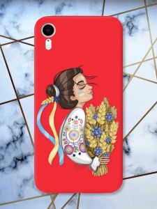 Матовий червоний чохол на Apple iPhone XR патріотичний дизайн Українка з колосками принт 172
