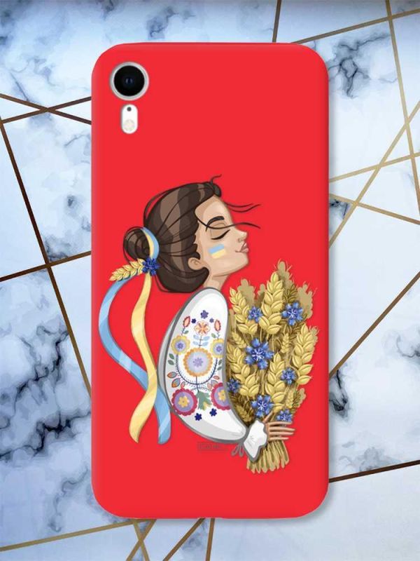 Матовий червоний чохол на Apple iPhone XR патріотичний дизайн Українка з колосками принт 172