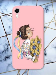Матовий рожевий чохол на Apple iPhone XR патріотичний дизайн Українка з колосками принт 172