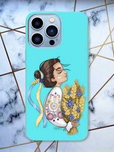 Матовий бірюзовий чохол на Apple iPhone 13 Pro Max патріотичний дизайн Українка з колосками принт 172