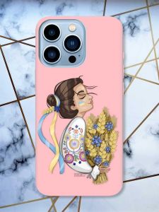 Матовий рожевий чохол на Apple iPhone 13 Pro Max патріотичний дизайн Українка з колосками принт 172
