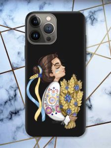 Матовий чорний чохол на Apple iPhone 13 Pro патріотичний дизайн Українка з колосками принт 172