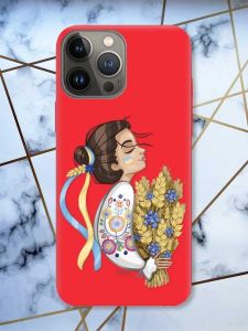 Матовий червоний чохол на Apple iPhone 13 Pro патріотичний дизайн Українка з колосками принт 172