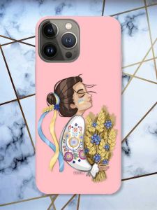Матовий рожевий чохол на Apple iPhone 13 Pro патріотичний дизайн Українка з колосками принт 172
