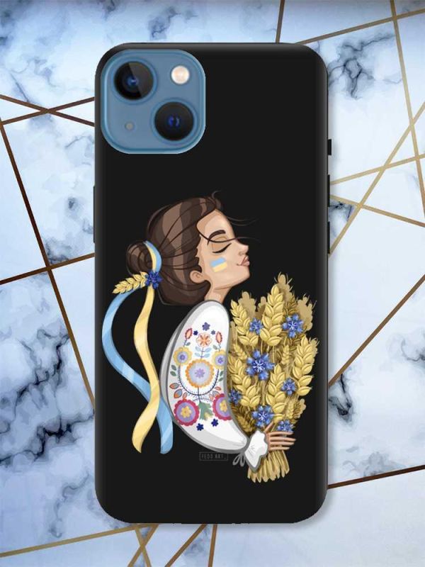 Матовий чорний чохол на Apple iPhone 13 патріотичний дизайн Українка з колосками принт 172