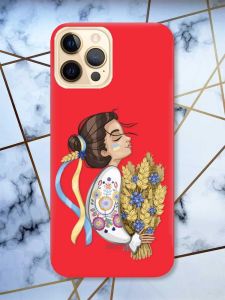 Матовий червоний чохол на Apple iPhone 12 Pro Max патріотичний дизайн Українка з колосками принт 172