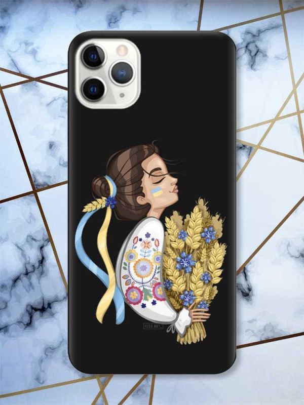 Матовий чорний чохол на iPhone 11 Pro Max (6.5) патріотичний дизайн Українка з колосками принт 172