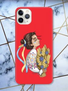 Матовий червоний чохол на iPhone 11 Pro Max (6.5) патріотичний дизайн Українка з колосками принт 172