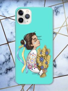 Матовий бірюзовий чохол на iPhone 11 Pro Max (6.5) патріотичний дизайн Українка з колосками принт 172