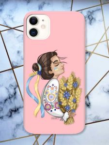 Матовий рожевий чохол на Apple iPhone 11 (6.1) патріотичний дизайн Українка з колосками принт 172