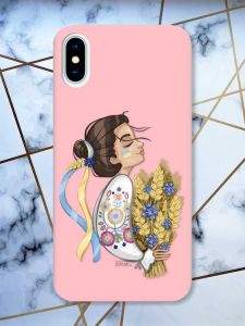 Матовий рожевий чохол на iPhone X / Xs патріотичний дизайн Українка з колосками принт 172