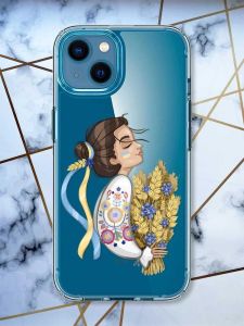 Прозорий чохол для iPhone 13 mini патріотичний дизайн Українка з колосками принт 172
