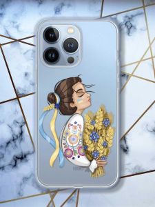Прозорий чохол на Apple iPhone 13 Pro патріотичний дизайн Українка з колосками принт 172
