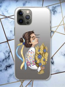 Прозорий чохол на iPhone 12 Pro Max патріотичний дизайн Українка з колосками принт 172