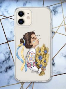 Прозорий чохол на iPhone 12 mini патріотичний дизайн Українка з колосками принт 172
