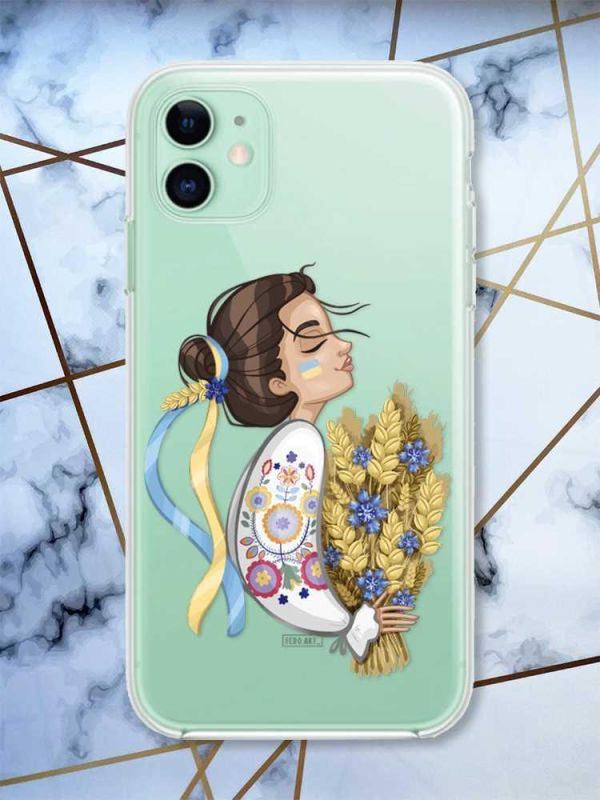 Прозорий чохол на Apple iPhone 11 (6,1) патріотичний дизайн Українка з колосками принт 172
