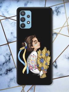 Матовий чорний чохол на Samsung Galaxy A32 патріотичний дизайн Українка з колосками принт 172