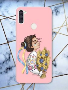 Матовий рожевий чохол на Samsung Galaxy A11 патріотичний дизайн Українка з колосками принт 172