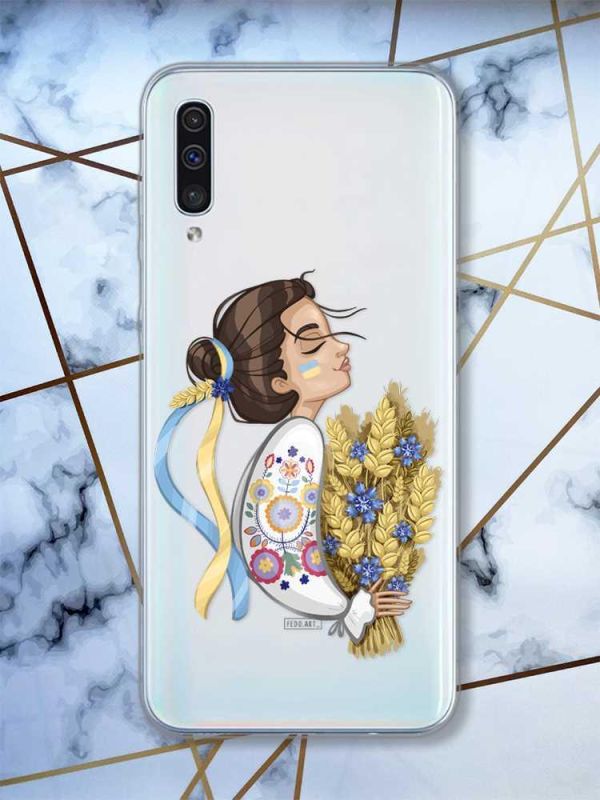 Прозорий чохол на Samsung Galaxy A50 (2019) A505 патріотичний дизайн Українка з колосками принт 172