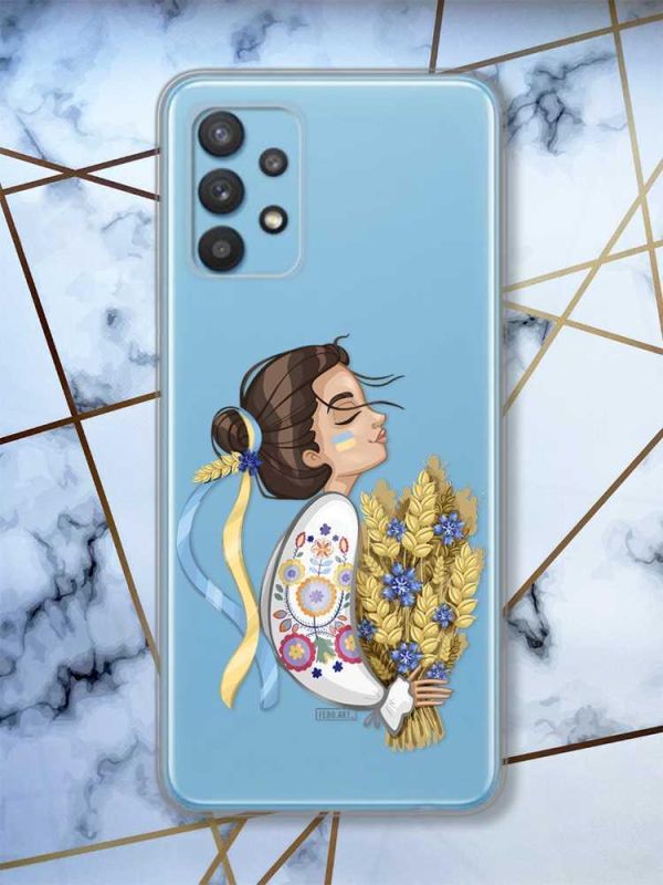 Прозорий чохол на Samsung Galaxy A32  патріотичний дизайн Українка з колосками принт 172