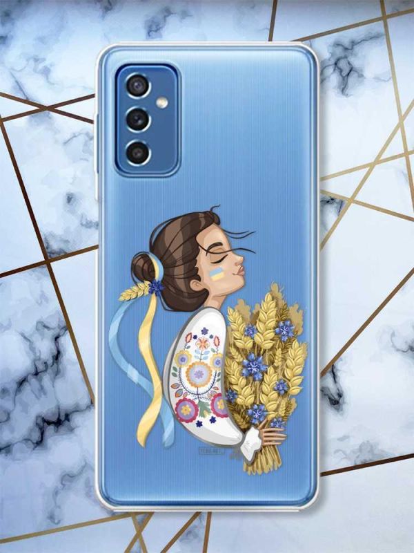 Прозорий чохол на Samsung Galaxy M52 патріотичний дизайн Українка з колосками принт 172