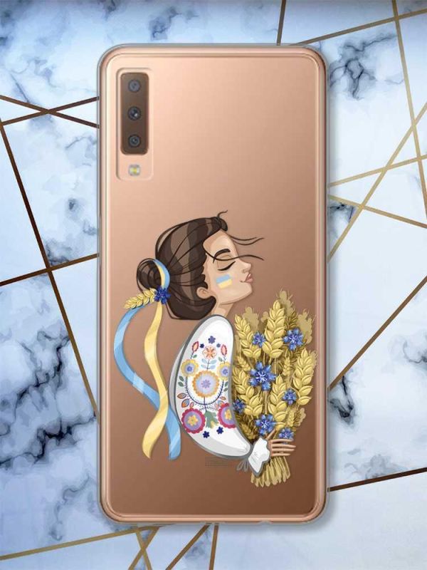Прозорий чохол на Samsung Galaxy A7(2018) A750 патріотичний дизайн Українка з колосками принт 172