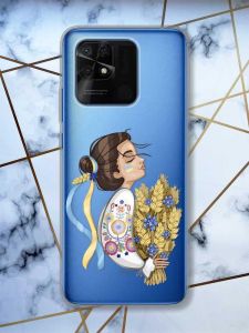 Прозорий чохол на Xiaomi Redmi 10C патріотичний дизайн Українка з колосками принт 172