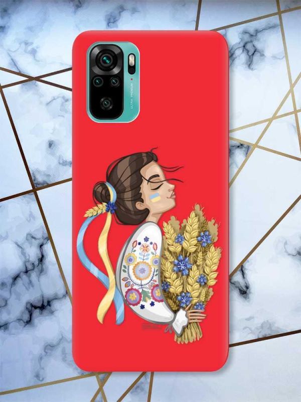 Матовий червоний чохол на Xiaomi Redmi Note 10 / Note 10s патріотичний дизайн Українка з колосками принт 172