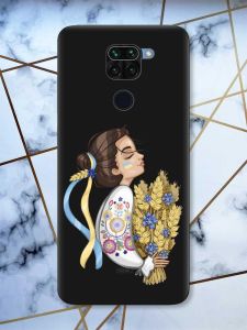 Матовий чорний чохол на Xiaomi Redmi Note 9 патріотичний дизайн Українка з колосками принт 172