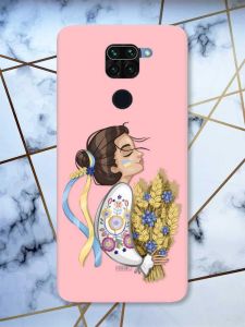 Матовий рожевий чохол на Xiaomi Redmi Note 9 патріотичний дизайн Українка з колосками принт 172