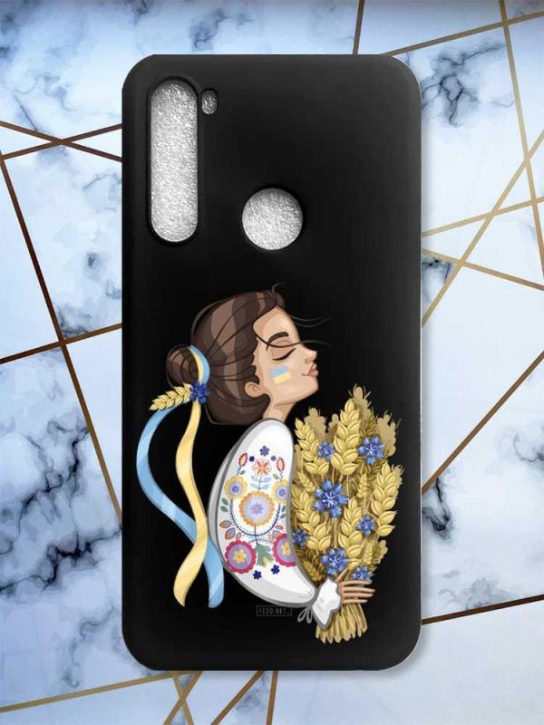 Матовий чорний чохол на Xiaomi Redmi Note 8 патріотичний дизайн Українка з колосками принт 172