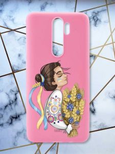 Матовий рожевий чохол на Xiaomi Redmi Note 8 Pro патріотичний дизайн Українка з колосками принт 172