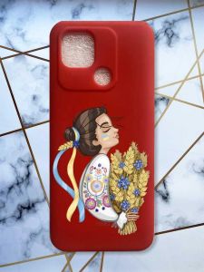 Матовий червоний чохол на Xiaomi Redmi 10C патріотичний дизайн Українка з колосками принт 172