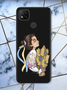 Матовий чорний чохол на Xiaomi Redmi 9C / 10A патріотичний дизайн Українка з колосками принт 172